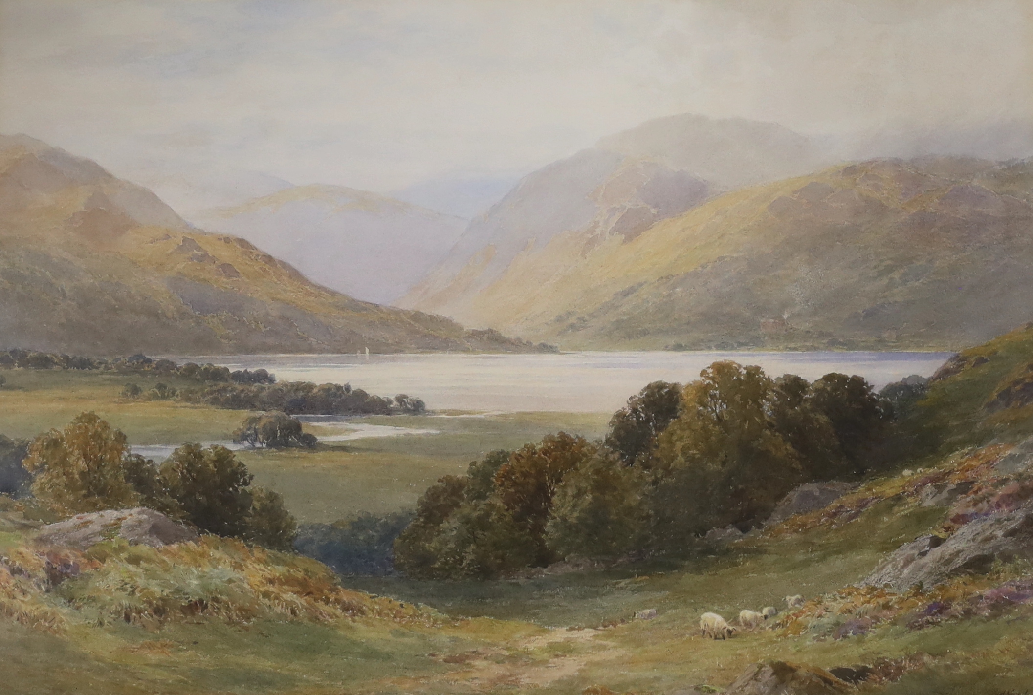 Alfred Powell (fl.1870-1901) watercolour, mountainous landscape with sheep grazing, signed, 73cm x 50cm
